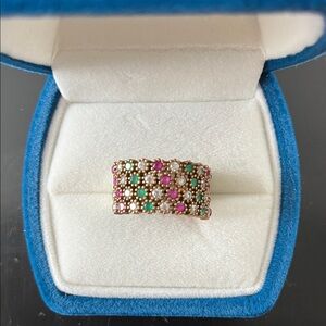 Multicolor Gemstone Cluster Wide Band Ring - Brass and Sterling Silver Heirloom